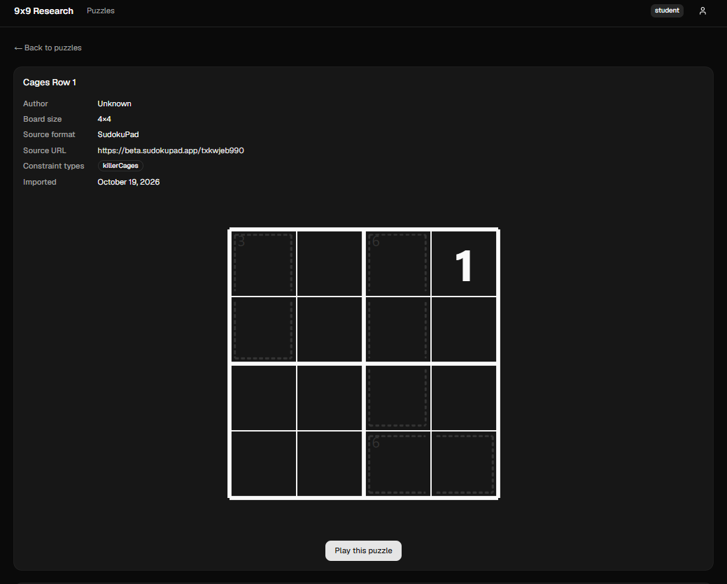 Existing 9x9 research interface showing a 4-by-4 killer-cage puzzle preview