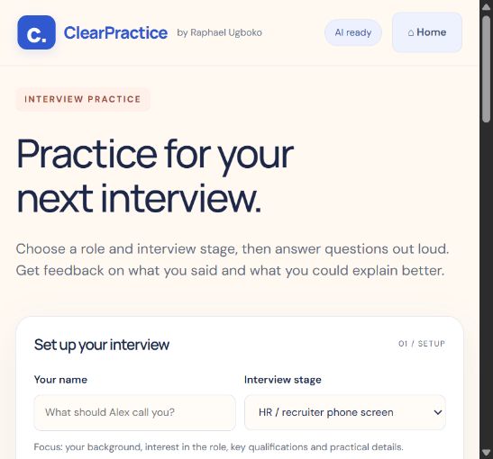 ClearPractice interview setup with role, stage, duration, and question source options