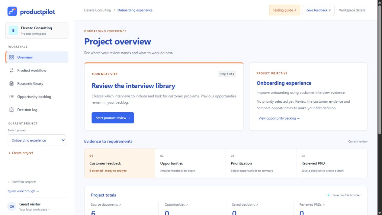 ProductPilot project overview with sidebar navigation, a next-action panel, four review stages, and project totals in the blue, cyan, mango, and orange theme