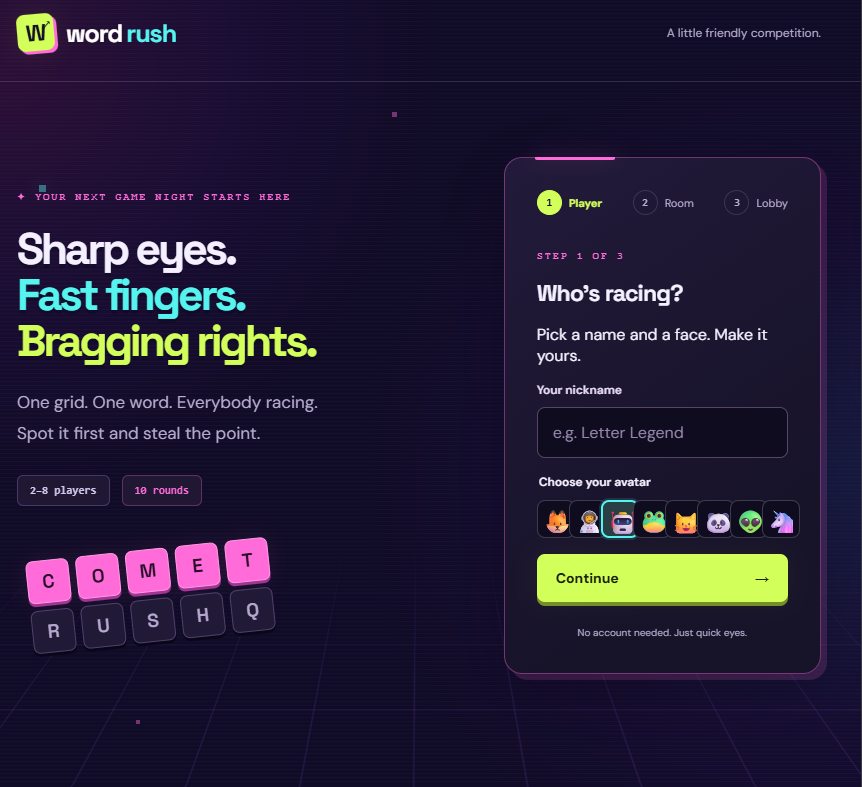 Word Rush landing screen showing the multiplayer onboarding flow